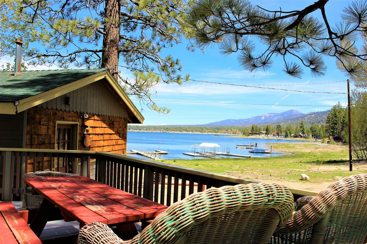 The view from the front yard of one of our Big Bear Lake rentals with boat dock