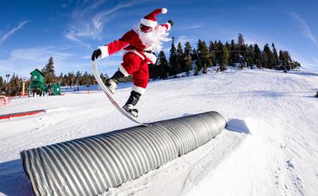Santa snowboarding in Big Bear